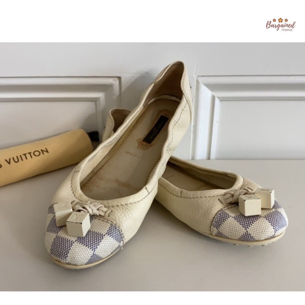 Auth Louis Vuitton Damier Azur Leather Lovely Scrunch LV Cube Ballet Flats 6.5 - Picture 3 of 13